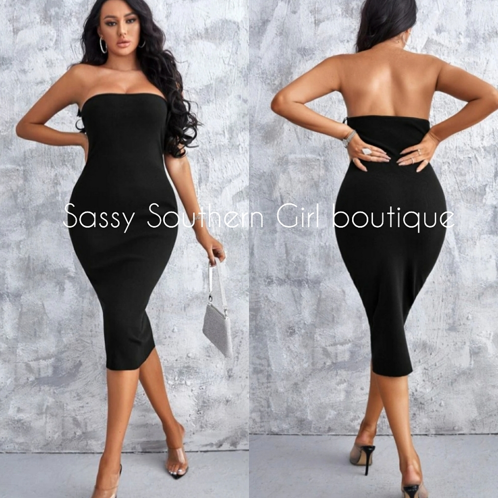 🆕⭐ Black jersey strapless midi dress